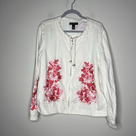 INC Jacket Womens XL White Pink Floral Embroidery Linen Zip Up Casual Bohemian - Picture 14 of 15